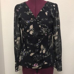 Ann Taylor Women’s Top Small Floral Silk V-Neck Sheer Sleeves Pullover Blouse